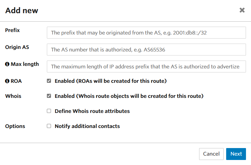 Adding a new route in Route Management