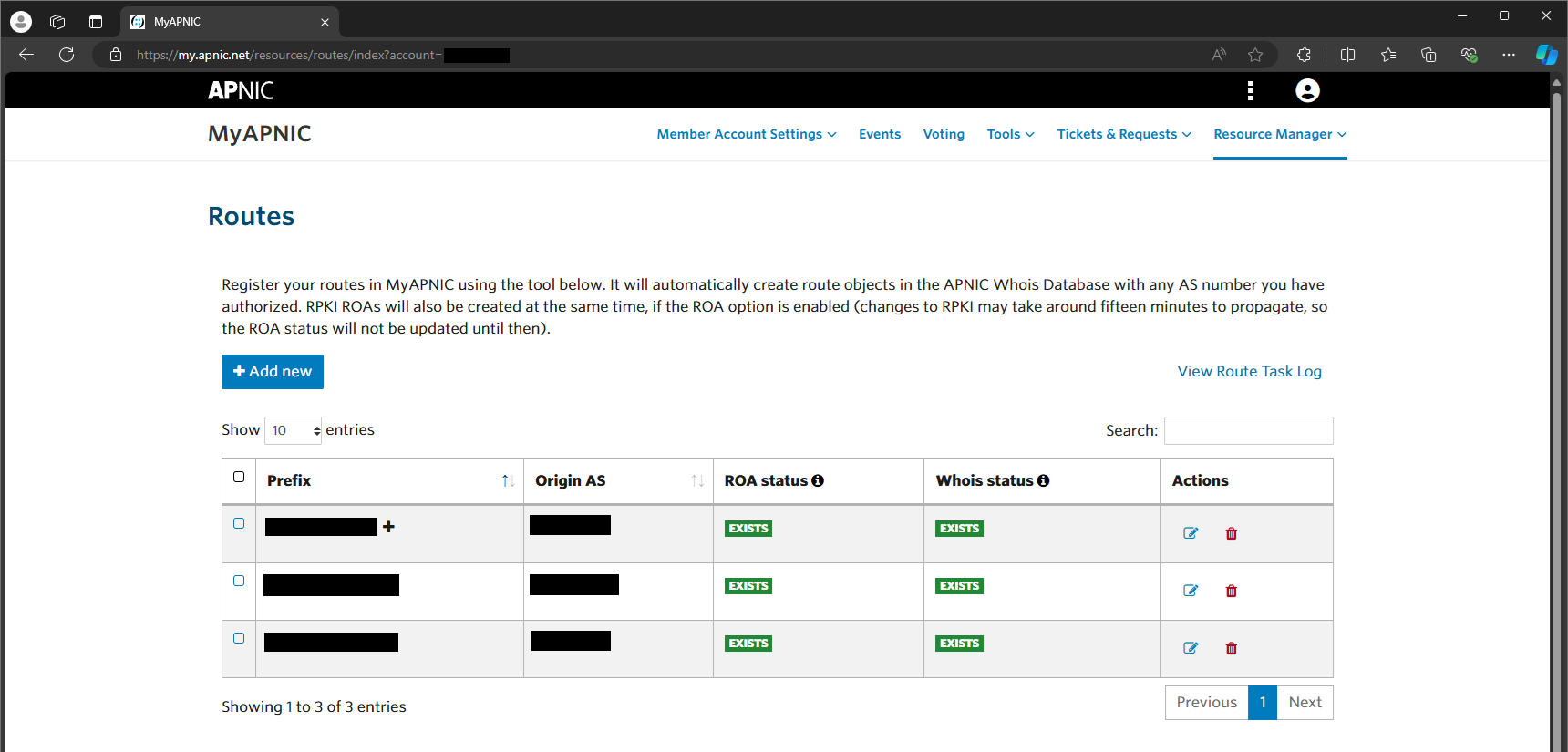 MyAPNIC Route Management