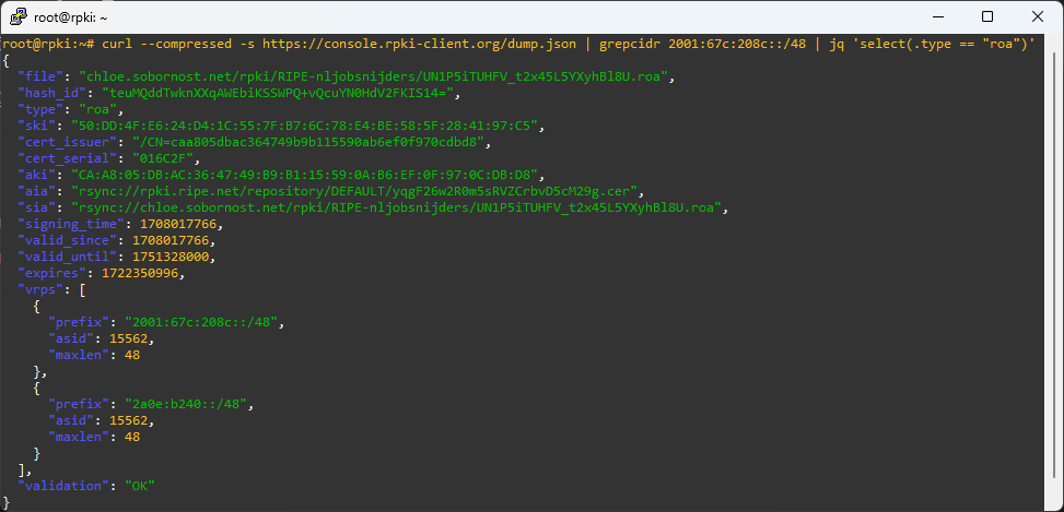 Output of the JSON dump from the RPKI Client Console on Ubuntu